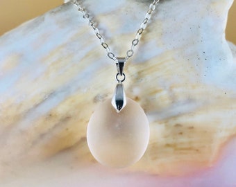 Sea Glass Drop Pendant Necklace - Sterling Silver Beach Glass Jewelry - Unisex Sea Glass Necklace - Simple Seaglass Jewelry - Light Peach
