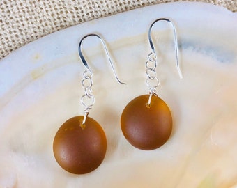 Elegant Sea Glass Earrings - Sterling Silver Dangle Beach Glass Earrings - Simple Round Ball Earrings - Sea Glass Jewelry - Brown