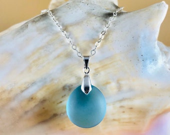 Sea Glass Drop Pendant Necklace - Sterling Silver Beach Glass Jewelry - Simple Unisex Seaglass Necklace - Medium Turquoise Blue