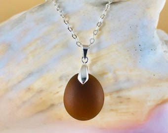 Dark Brown Sea Glass Pendant Necklace - Sterling Silver Bail