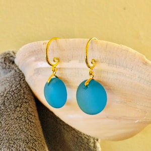 Sea Glass Earrings 18k Gold Filled Jewelry Beach Glass Jewelry Round Drop Sea Glass Earrings Sea Glass Jewelry Deep Turquoise image 1