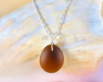Simple Brown Sea Glass Pendant Necklace: Sterling Silver Plated