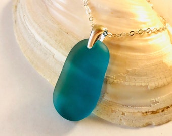 Large Sea Glass Pendant Necklace - Beach Glass Jewelry - Sterling Silver Necklace - Charity Jewelry - Oval Pendant - Turquoise Blue - 1.5"