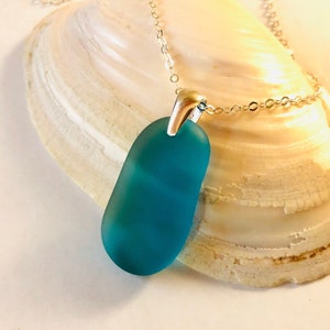 Large Sea Glass Pendant Necklace - Beach Glass Jewelry - Sterling Silver Necklace - Charity Jewelry - Oval Pendant - Turquoise Blue - 1.5"