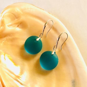 Sea Glass Earrings Sterling Silver Earrings Beach Glass Jewelry Drop Dangle Sea Glass Earrings Gift for Her Deep Turquoise image 1