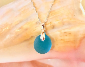 Small Turquoise Blue Sea Glass Pendant Necklace: Sterling Silver Unisex Jewelry