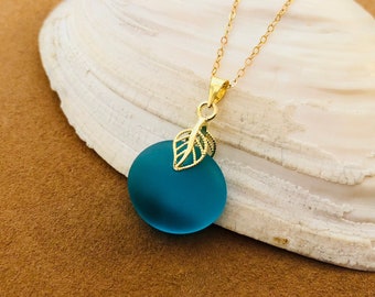 Sea Glass Necklace, Turquoise Pendant, Beach Glass Jewelry, 14k Gold Filled Necklace, Jewelry Gift for Daughter Friend Mom, Deep Turquoise