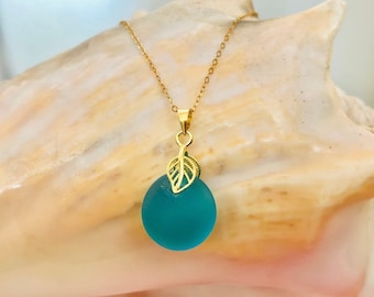 Sea Glass Necklace - Gold Leaf Bail - Beach Glass Jewelry - 14k Gold-Filled Necklace - Elegant Round Pendant - Deep Turquoise Blue