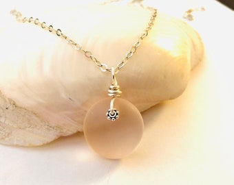 Pale Pink Sea Glass Pendant Necklace - Sterling Silver Round Charm