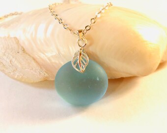 Blue Sea Glass Pendant Necklace: Sterling Silver Leaf Bail