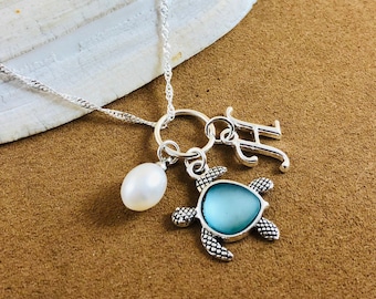 Personalized Sea Glass Charm Necklace - Sea Turtle Jewelry - Beach Glass Jewelry - Sterling Silver Necklace - Pearl Charm Necklace - Blue