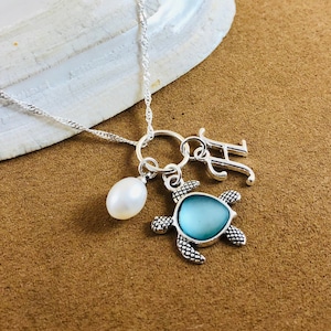 Personalized Sea Turtle Necklace: Blue Sea Glass, Sterling Silver, Pearl Charm