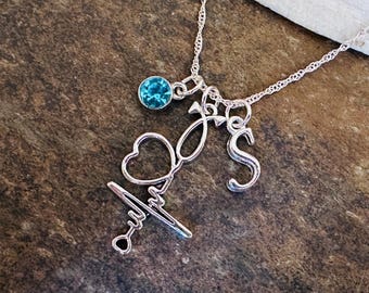 Personalized Nurse Necklace with Birthstone & Initial, Stethoscope Heart EKG Charm