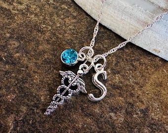 Personalized Caduceus Necklace with Birthstone & Initial, Medical Healthcare Gift