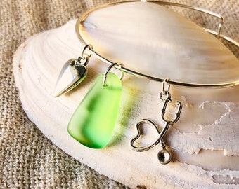 Sea Glass Bangle - Beach Glass Jewelry - Nurse Gift - Doctor Gift - Stethoscope Heart Charm Bracelet - Silver Bangle Bracelet - Green