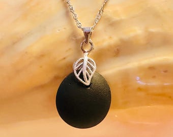 Black Sea Glass Pendant – Sterling Silver Leaf Bail, Frosted Ocean Necklace