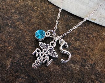 Personalized RN Nurse Necklace with Birthstone & Initial, Caduceus Nursing Charm