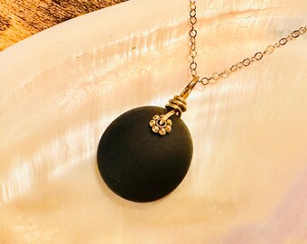 Black Matte Sea Glass Necklace • 14K Gold-Filled Chain, Floral Accent