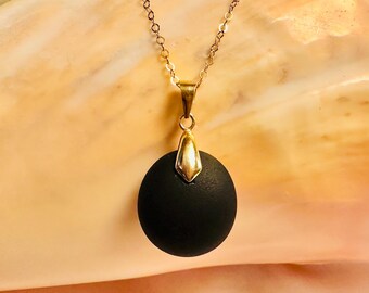 Matte Black Sea Glass Necklace • 14K Gold-Filled Bail, Minimalist Pendant