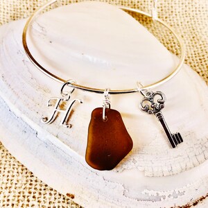 Genuine Brown Sea Glass Charm Bracelet - Silver Plated Bangle