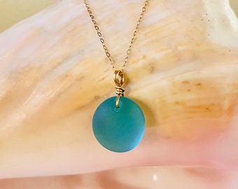 Sea Glass Necklace, Simple Round Pendant, Beach Glass Jewelry, 14k Gold Filled Necklace, Unisex Jewelry, Gift for Her Him - Turquoise Blue