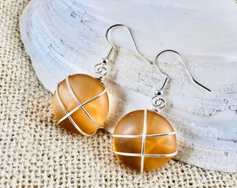 Brown Sea Glass Earrings: Sterling Silver Wire Wrapped Beach Jewelry