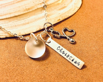 Personalized Sterling Silver Nurse Necklace: Sea Glass Stethoscope Charm