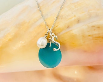 Sea Glass Pendant w/ Letter Charm, Personalized Sterling Silver Necklace, Name Initial Jewelry, Pearl Charm Necklace - Turquoise Blue