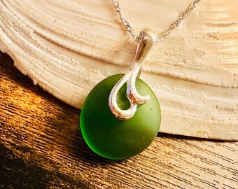 Deep Green Frosted Sea Glass Pendant – Silver-Plated Bail Ocean Necklace