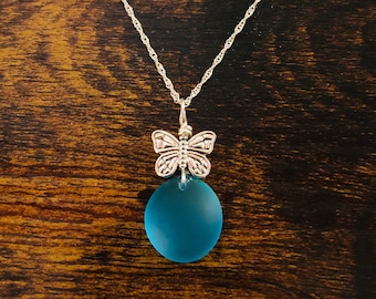 Turquoise Sea Glass Pendant: Sterling Silver Butterfly Necklace