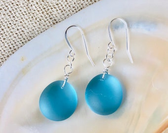 Sea Glass Earrings, Beach Glass Earrings, Sterling Silver Earrings, Granddaughter Jewelry, Birthday Gift for Her - Round Deep Turquoise Blue