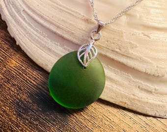 Green Sea Glass Pendant – Sterling Silver Leaf Bail, Frosted Ocean Jewelry