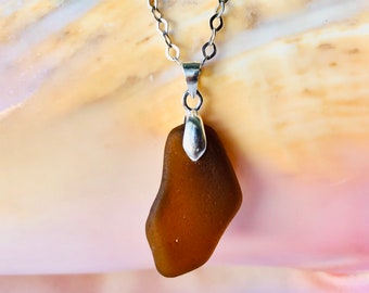 Genuine Sea Glass Necklace - Sterling Silver - Beach Glass Jewelry - Seaglass Pendant Necklace - Authentic Sea Glass Jewelry - Brown