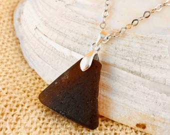 Beach Glass Necklace - Genuine Seaglass Jewelry - Sterling Silver - Authentic Tropical Sea Glass Necklace - Simple Pendant - Brown Triangle