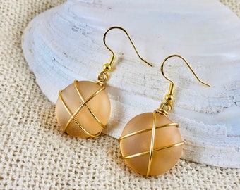Brown Sea Glass Earrings: Gold-Plated Wire Wrapped, Sterling Silver Hooks