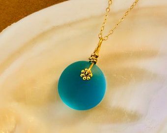 Small Turquoise Sea Glass Necklace: 14k Gold Filled Pendant, Beach Jewelry