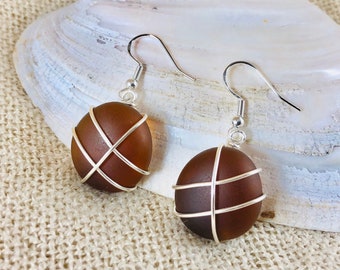 Sea Glass Earrings - Beach Glass Earrings - Silver Wire Wrapped - Beach Glass Jewelry - Drop Ball Earrings - Sea Glass Jewelry - Dark Brown