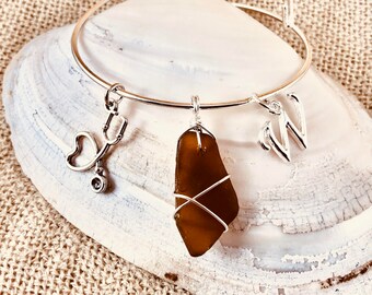 Genuine Sea Glass Charm Bracelet - Beach Glass Personalized Charm Bangle - Silver Doctor Nurse Gift - Wire Wrapped Sea Glass Jewelry - Brown