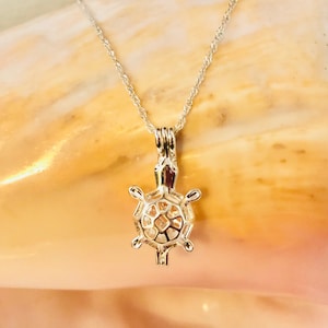 May include: A silver turtle charm necklace with a delicate chain. The charm is a hollow cage with a geometric design.