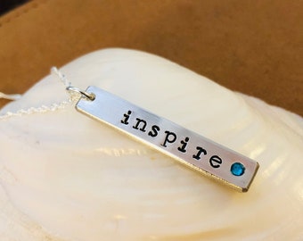 Hand Stamped Pewter Necklace: Sterling Silver Chain, Birthstone Jewelry