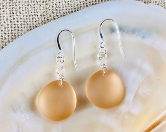 Elegant Beige Sea Glass Earrings: Sterling Silver Dangle Jewelry
