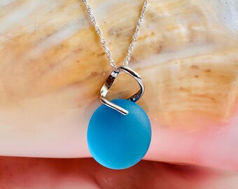 Turquoise Blue Sea Glass Pendant Necklace, Silver-Plated Bail, Frosted Matte Finish