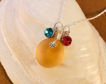 Personalized Sea Glass Necklace: Sterling Silver, Family Birthstones