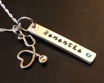 Hand Stamped Nurse Necklace: Personalized Pewter Bar, Birthstone Charm