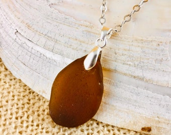 Sea Glass Pendant - Genuine Beach Glass Jewelry -  Sterling Silver - Everyday Necklace - Authentic Tropical Seaglass Jewelry - Brown