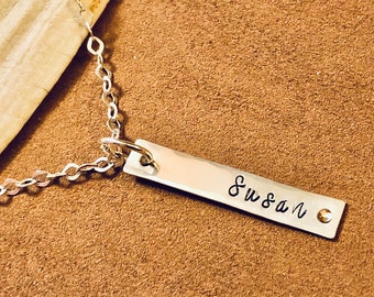 Hand Stamped Sterling Silver Name Necklace: Personalized Birthstone Charm