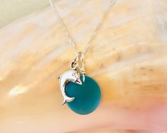 Sea Glass Charm Necklace, Beach Glass Jewelry, Sterling Silver Pendant Necklace, Dolphin Jewelry, Ocean Gift for Daughter Friend - Turquoise