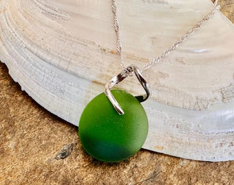 Green Sea Glass Pendant Necklace with Silver-Plated Bail, Coastal Beach Glass Jewelry