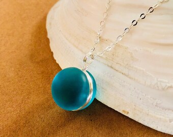 Turquoise Sea Glass Pendant Necklace: Sterling Silver Wire Wrapped