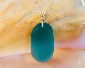 Turquoise Sea Glass Pendant Necklace: Sterling Silver, Large Oval